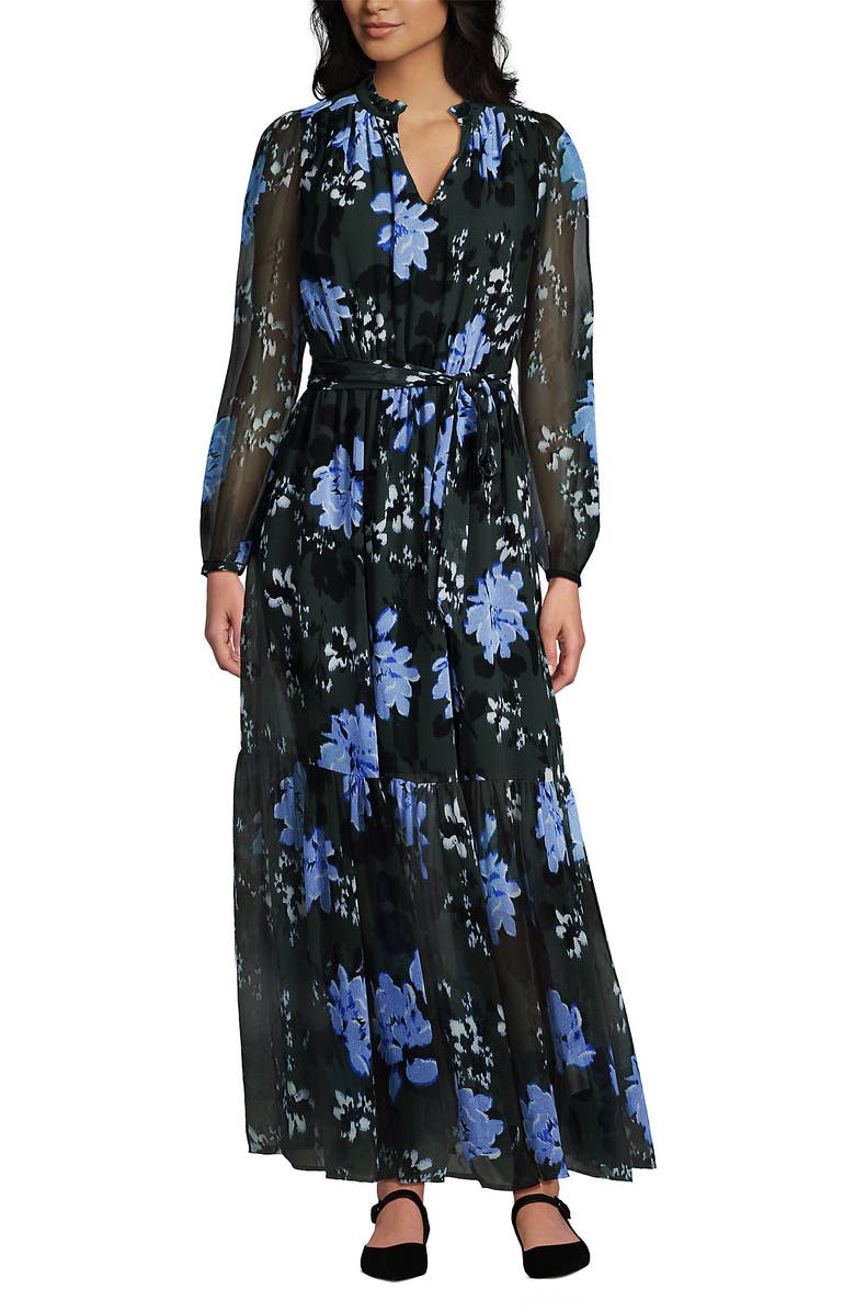 Lands' End Chiffon Tiered Long Sleeve Maxi Dress, Alternate, color, Evening Forest Painted Floral