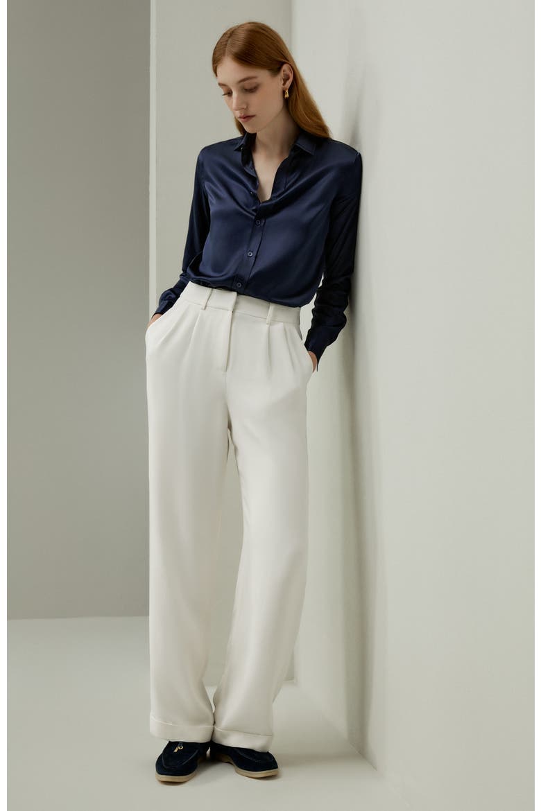 Women's Tailored Button Down Silk Shirt, Alternate, color, Navy Blue