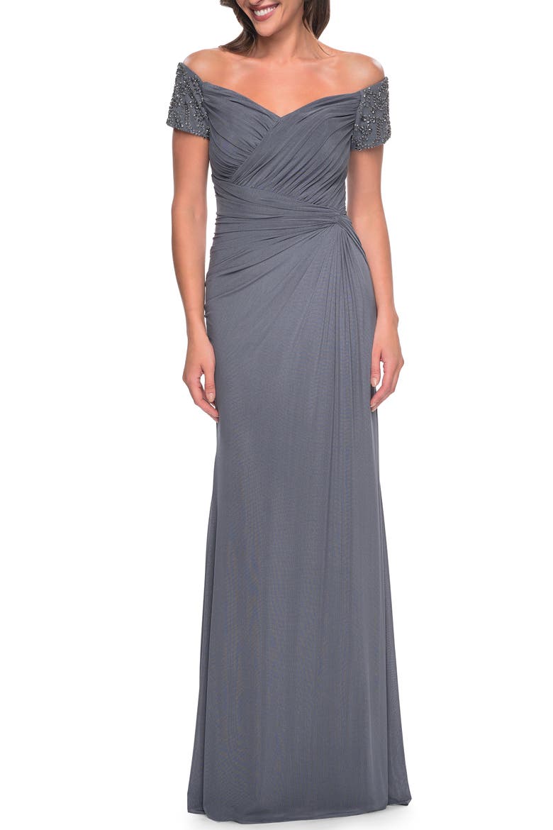 Net Jersey Long Gown with Exquisite Beaded Design, Alternate, color, Gunmetal