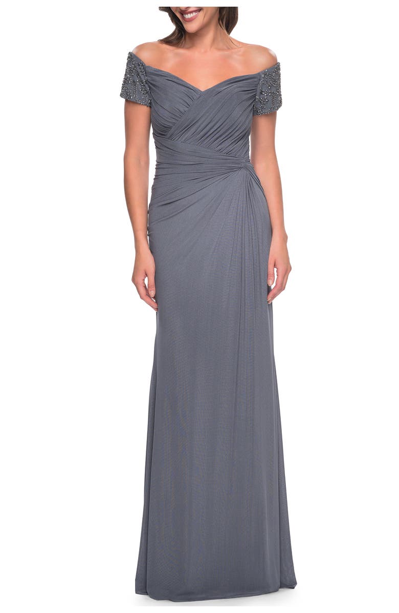 La Femme Net Jersey Long Gown with Exquisite Beaded Design, Alternate, color, Gunmetal