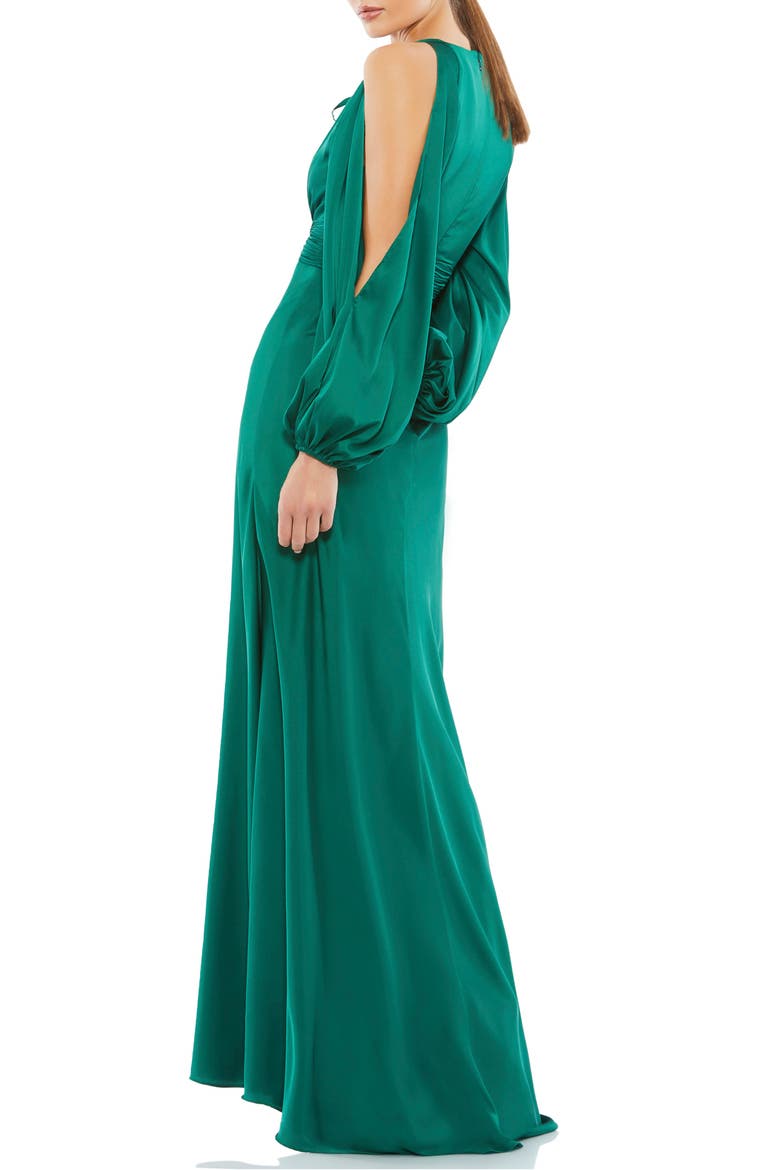 Plunge Neck Long Sleeve Satin Sheath Gown, Alternate, color, EMERALD