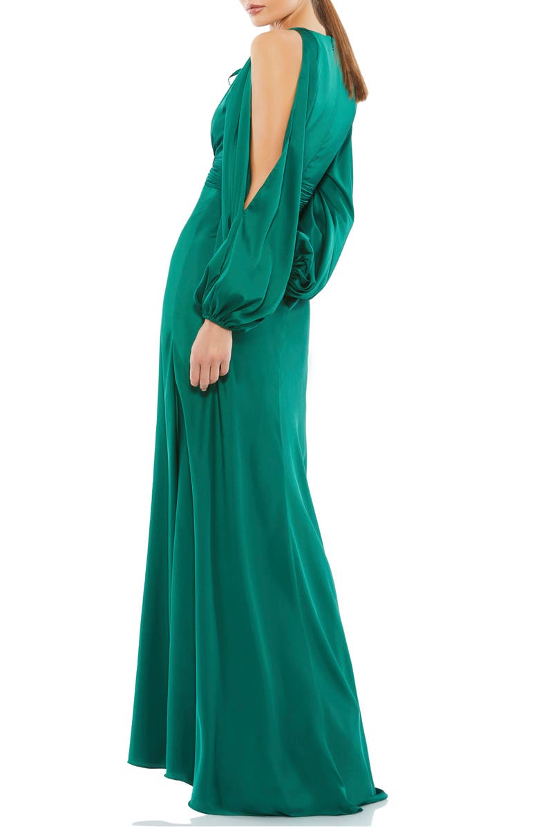 Mac Duggal Plunge Neck Long Sleeve Satin Sheath Gown, Alternate, color, 