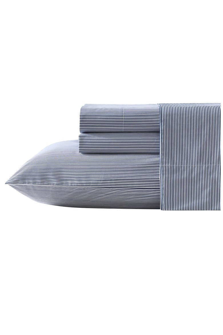 Penny Pinstripe 200 Thread Count Cotton Percale Sheet Set, Main, color, WHITE/ NAVY