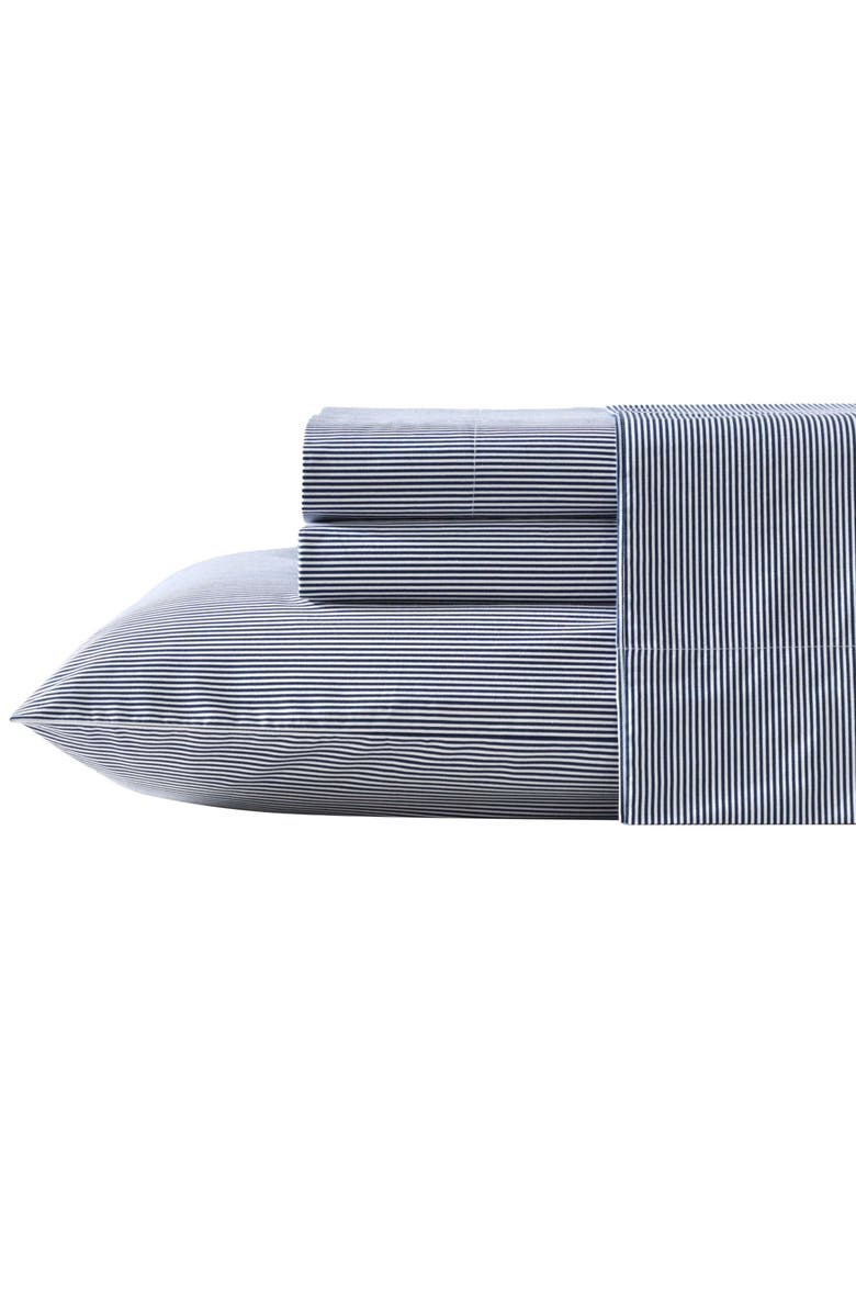 Nautica Penny Pinstripe 200 Thread Count Cotton Percale Sheet Set, Main, color, White/ Navy