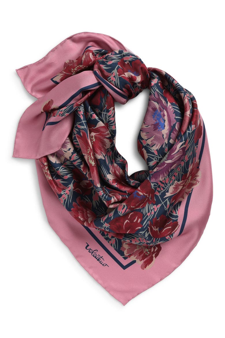 Après L'Hiver Poppy Print Silk Square Scarf, Alternate, color, BLUE/ PINK