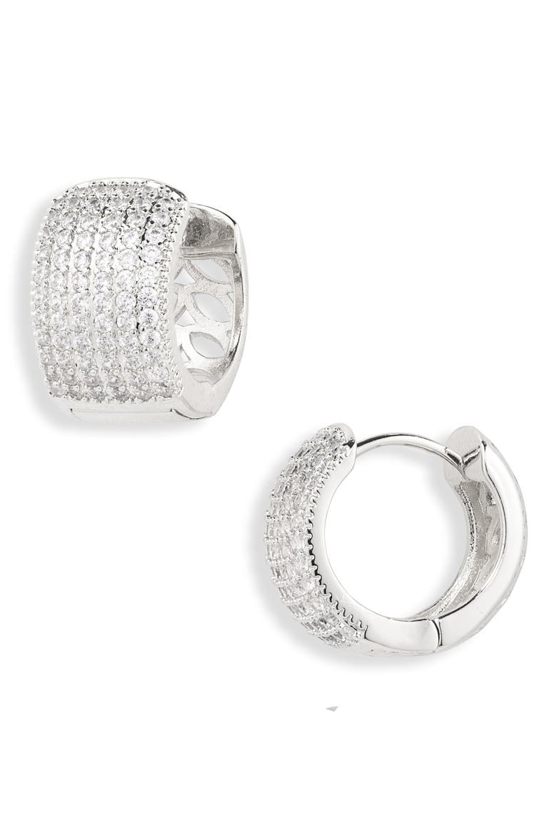 Chunky Cubic Zirconia Huggie Hoop Earrings, Main, color, SILVER
