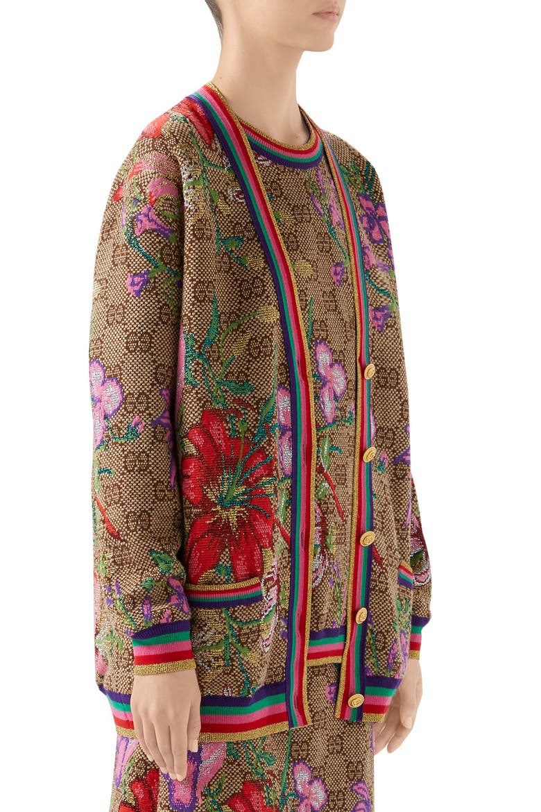 Metallic Floral Double G Wool Blend Cardigan, Alternate, color, BROWN/ BEIGE/ MC