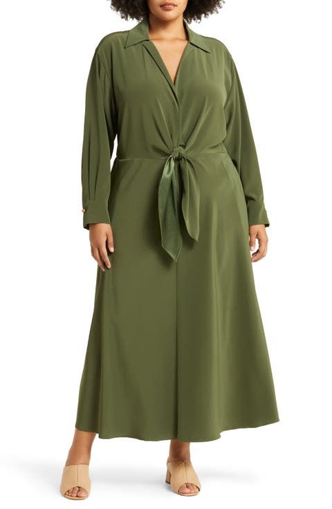 Tie Waist Long Sleeve Dress (Plus Size)