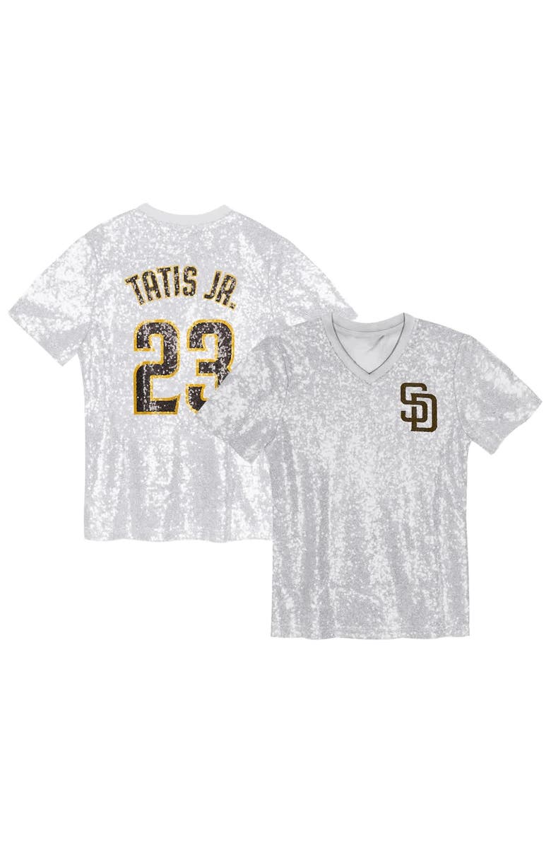 Outerstuff Juniors Fernando Tatis Jr. White San Diego Padres Name & Number Sequin V-Neck Top, Main, color, White