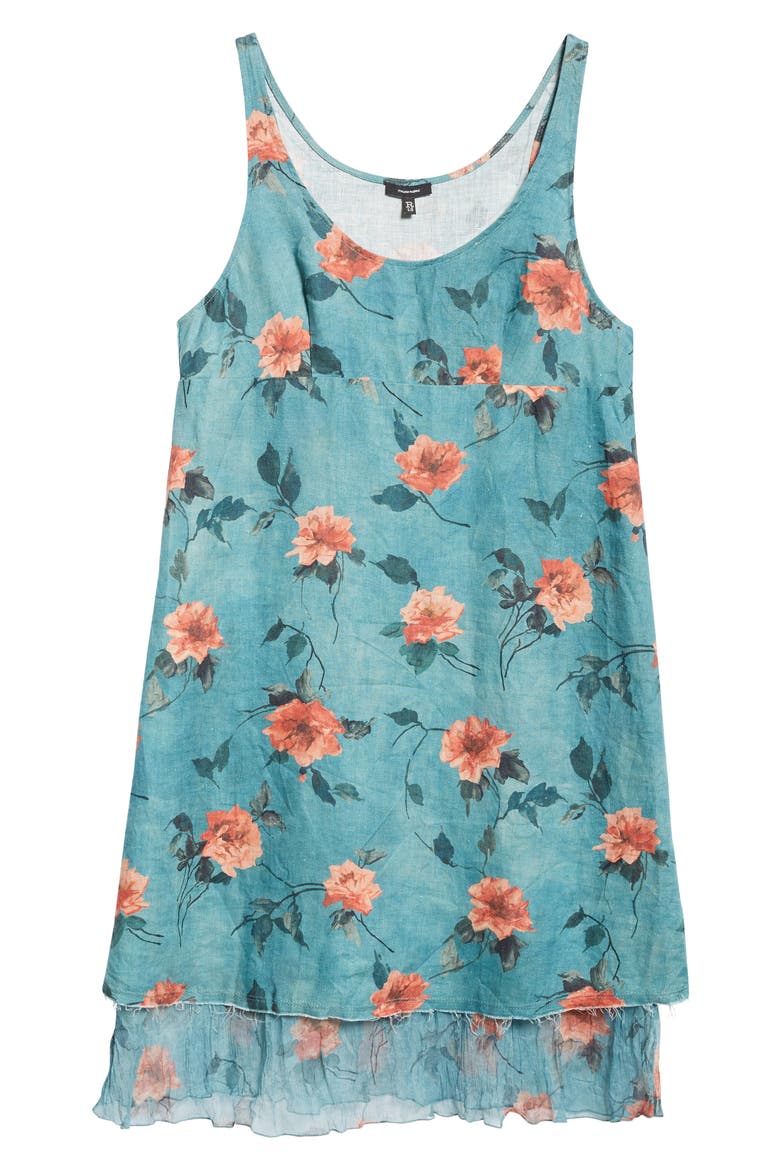 Floral Empire Waist Flounce Hem Raw Edge Linen Slipdress, Alternate, color, BLUE FLORAL