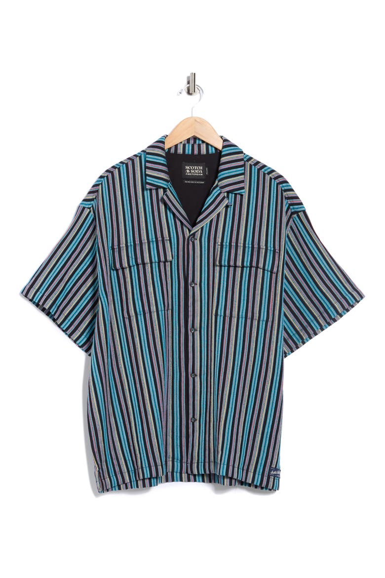 Relaxed Fit Stripe Short Sleeve Button-Up Shirt, Alternate, color, BLACK