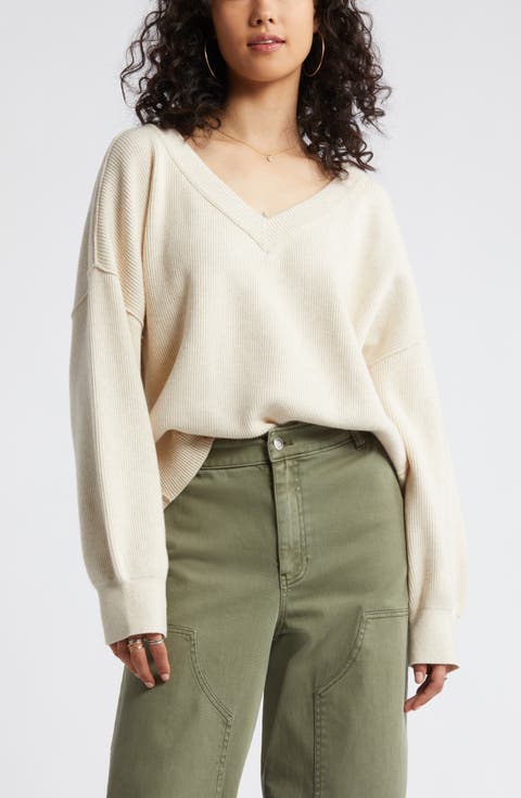 Seamed Oversize V-Neck Rib Sweater