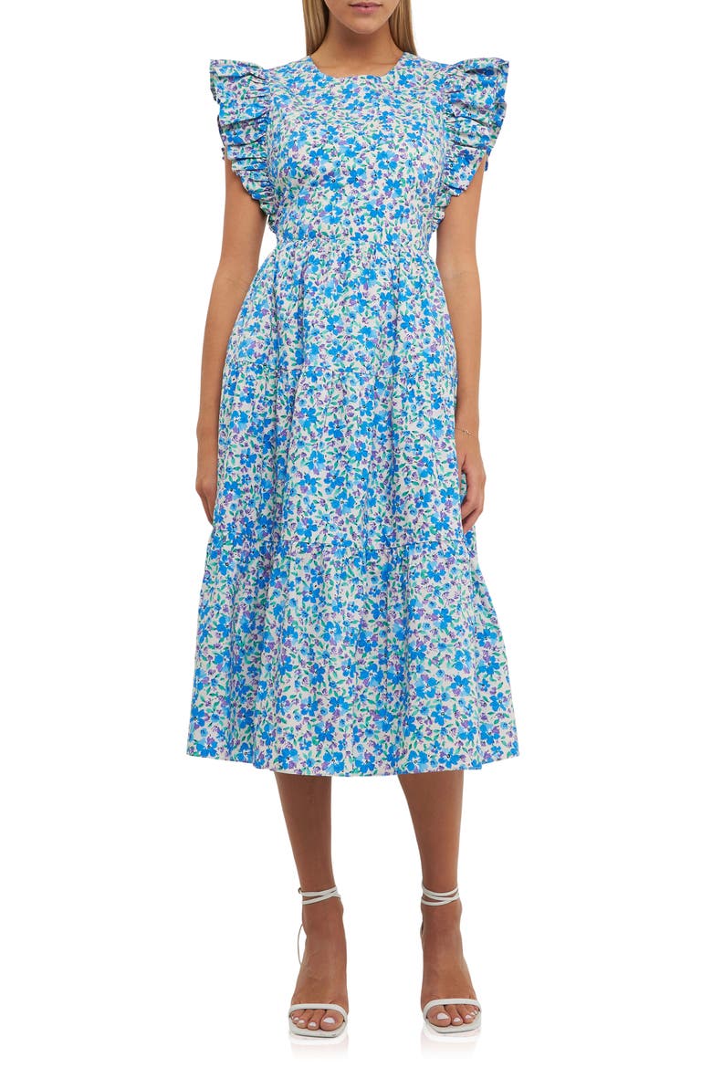Floral Cutout Back A-Line Dress, Main, color, BLUE MULTI