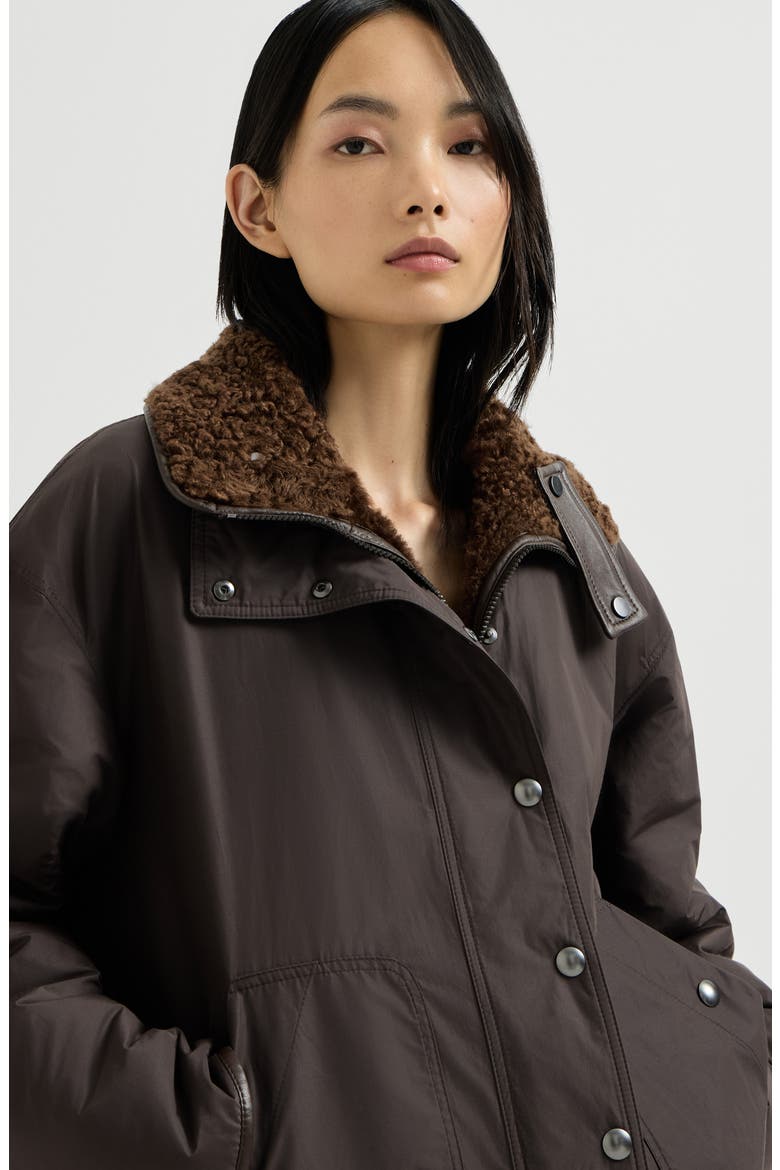Fuzzy shearling reversible outerwear jacket with monili, Alternate, color, Brown