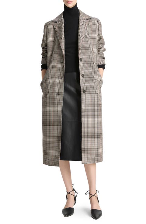 Pressed Plaid Wool Blend Coat