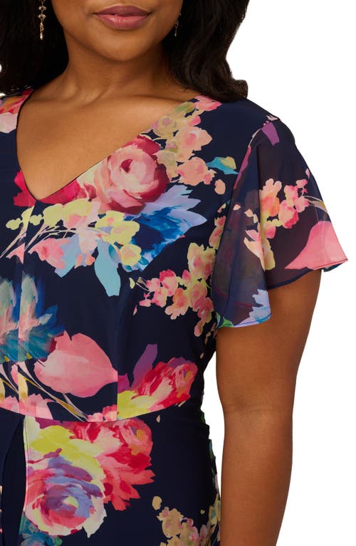 Shop Adrianna Papell Floral Overlay Chiffon Jumpsuit In Navy Multi