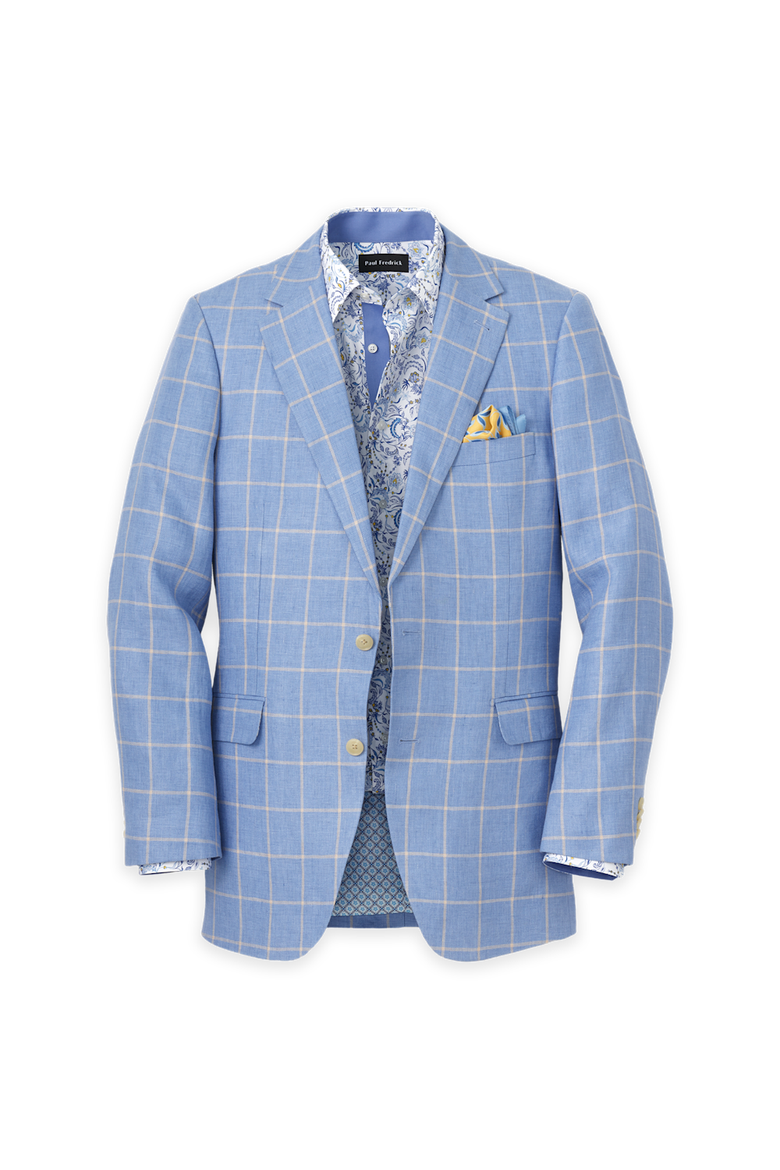 Linen Blend Windowpane Single Breasted Notch Lapel Sport Coat, Main, color, Blue/Yellow