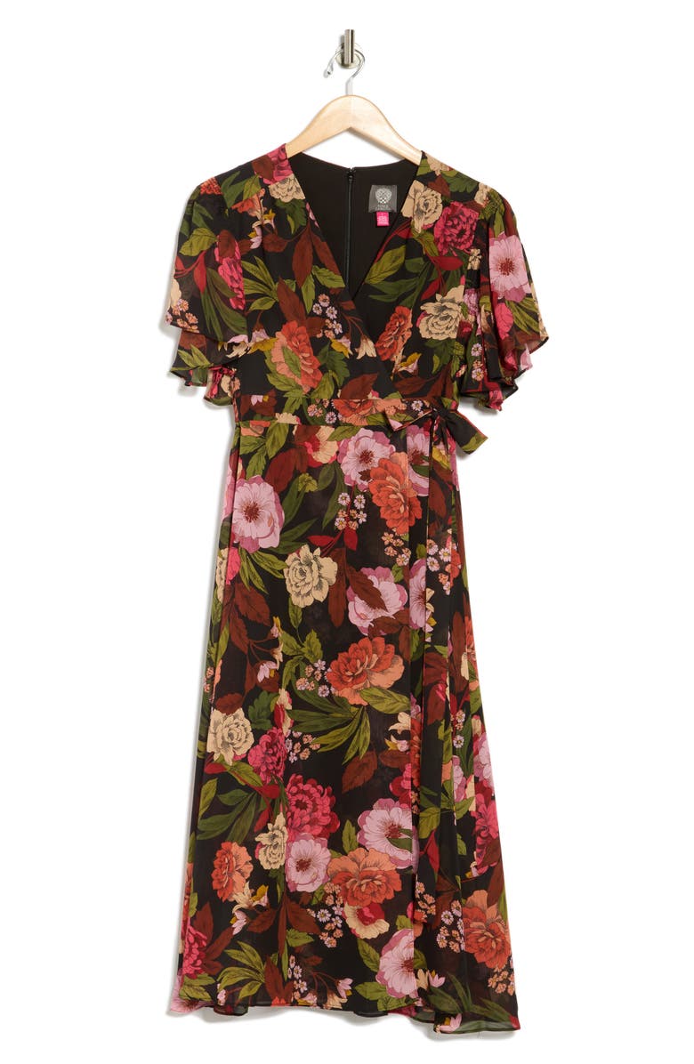 Vince Camuto Floral Flutter Sleeve Chiffon Faux Wrap Dress, Alternate, color, Black/ Red Floral Multi
