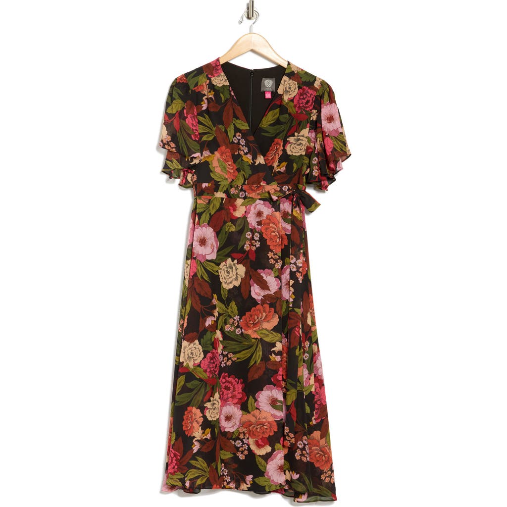 Vince Camuto Floral Flutter Sleeve Chiffon Faux Wrap Dress In Multi