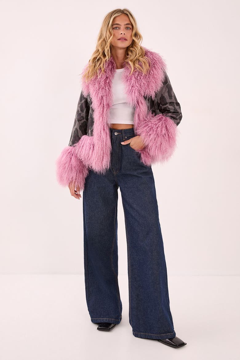 Printed Shearling Leather Jacket, Alternate, color, Charcoal