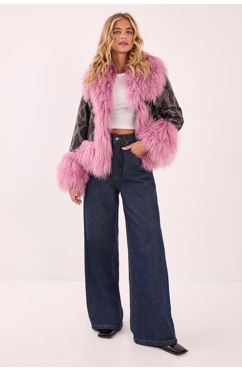 NASTY GAL Printed Shearling Leather Jacket, Main, color, Charcoal