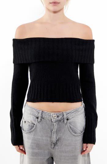 Bdg Urban Outfitters Patchwork Rib Off The Shoulder Crop Sweater In Black