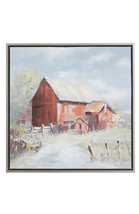 Multicolored Canvas Barn Landscape Wall Art with Silvertone Frame