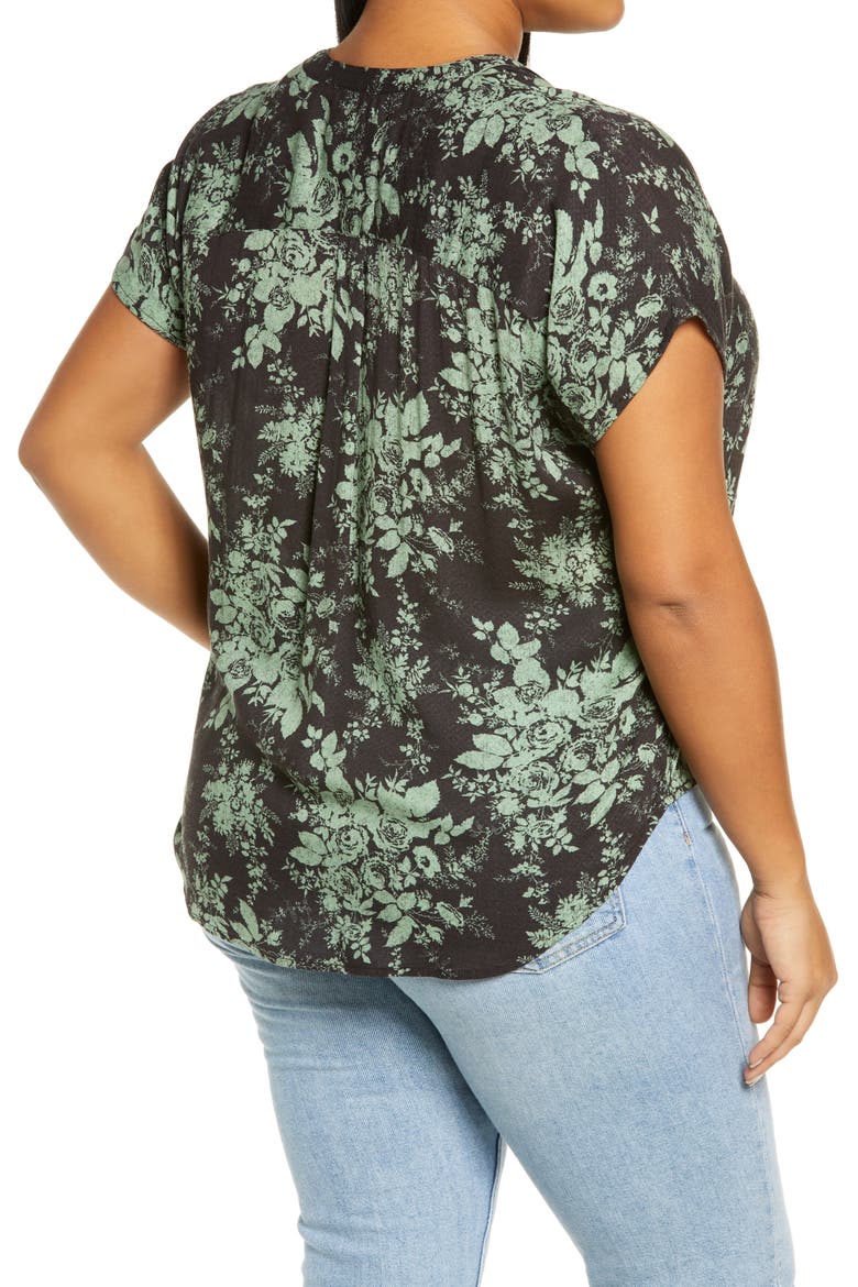 Print V-Neck Top, Alternate, color, BROWN- GREEN ROSE BROCADE