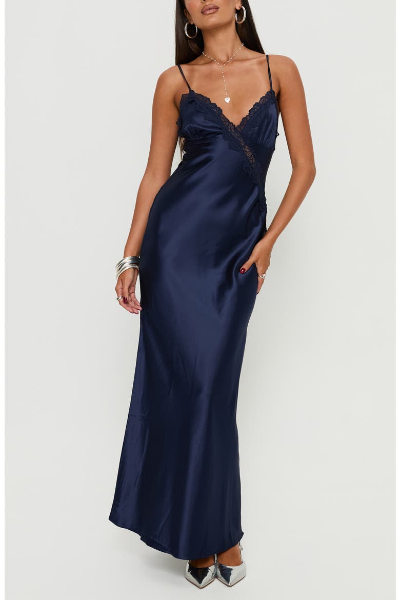 Madelene Lace Trim Satin Gown, Main, color, NAVY