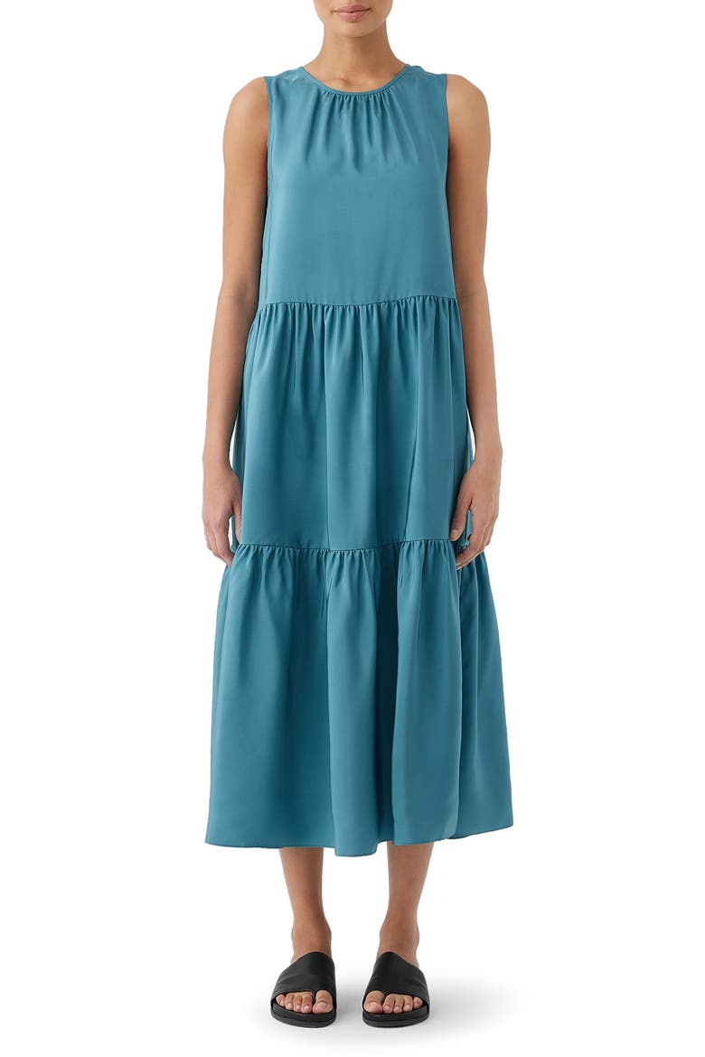 Tiered Silk Midi Dress, Main, color, RIVER