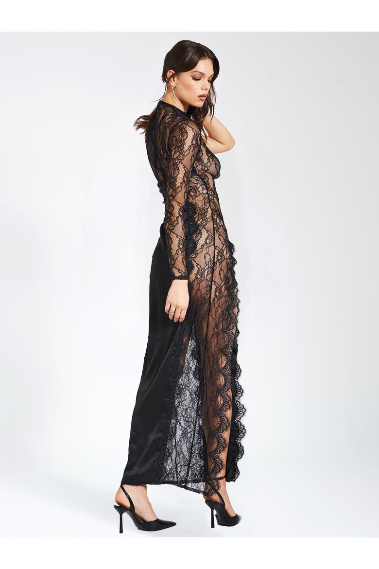 Weslyn Satin Lace High Slit Dress, Alternate, color, Black