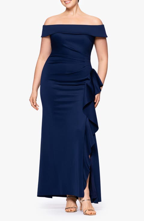 Ruffle Off the Shoulder Scuba Knit Cocktail Dress (Plus)