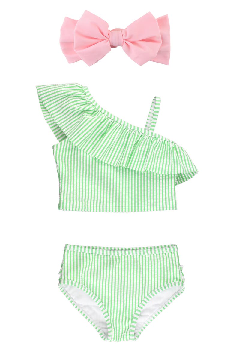 Kids' Seersucker Two-Piece Swimsuit & Headband Set, Main, color, GREEN
