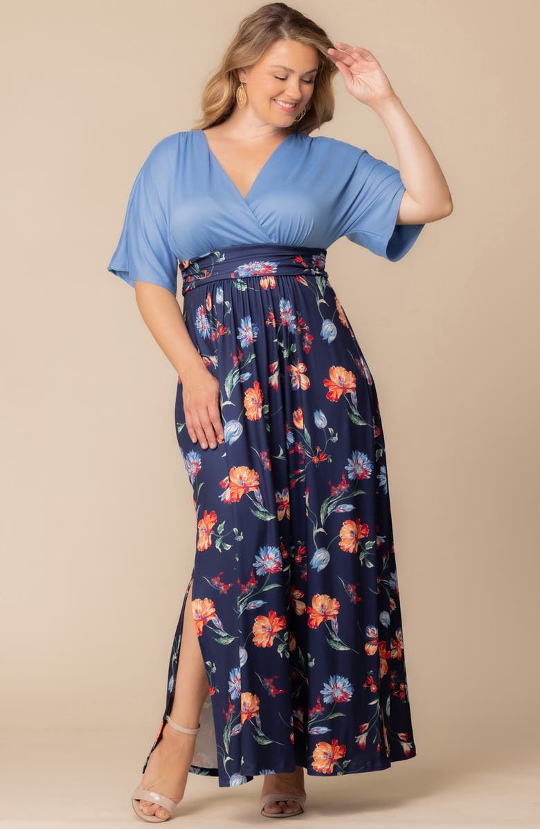 Kiyonna Havana Mixed Media Floral Maxi Dress, Alternate, color, Vibrant Navy Florals