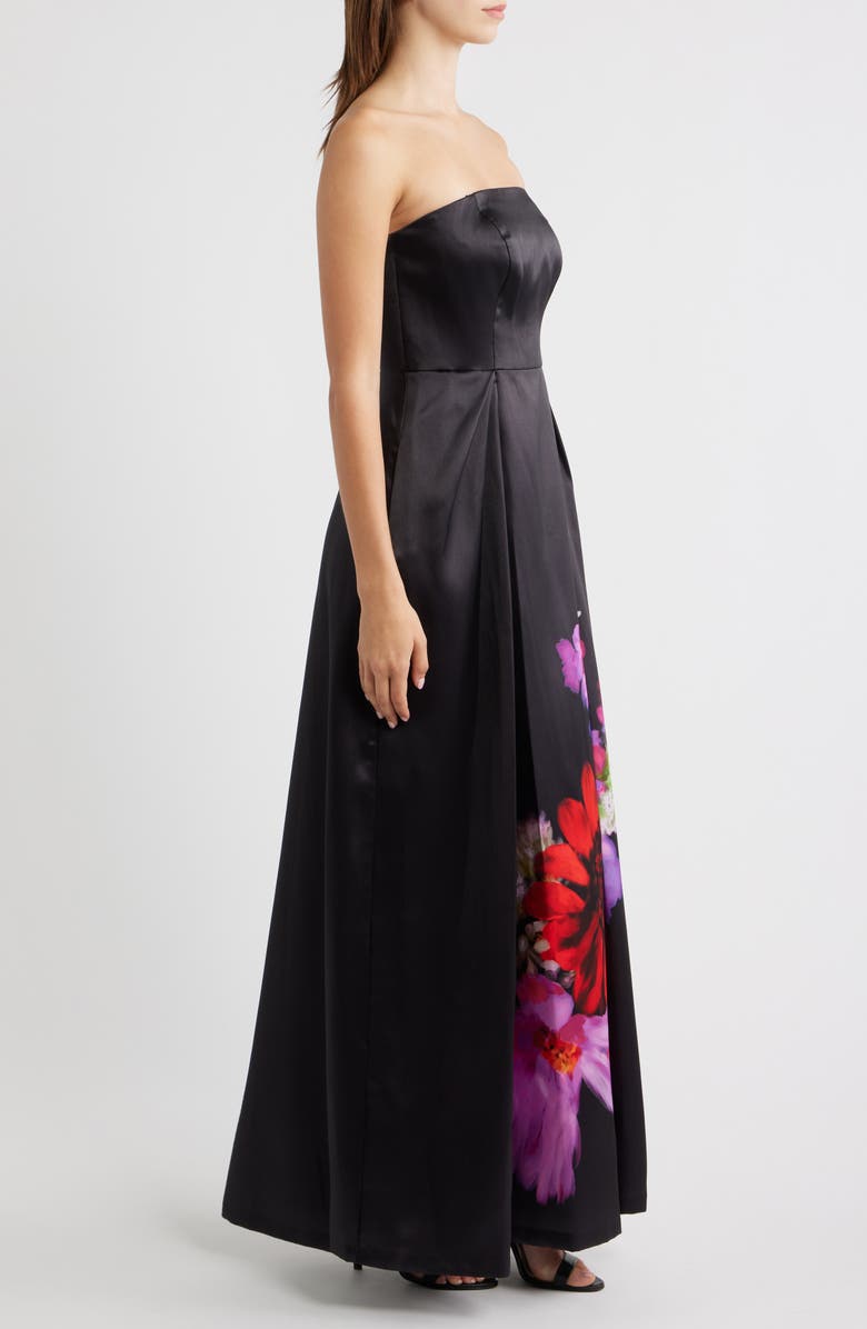 Eliza J Placed Floral Strapless Satin Ballgown, Alternate, color, Black Multi
