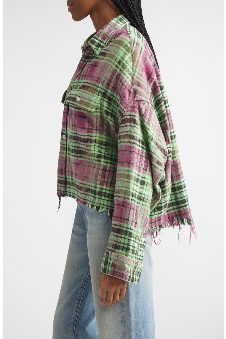 Oversize Fray Hem Plaid Button-Up Crop Work Shirt, Alternate, color, PINK OVERDYED GREEN PLAID