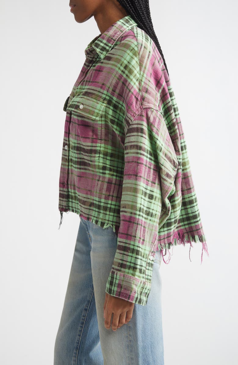 R13 Oversize Fray Hem Plaid Button-Up Crop Work Shirt, Alternate, color, Pink Overdyed Green Plaid