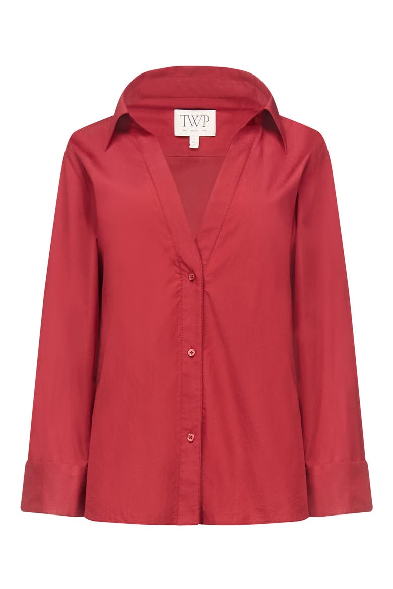 Deep V-Neck Cotton Button-Up Shirt, Alternate, color, KARANDA RED