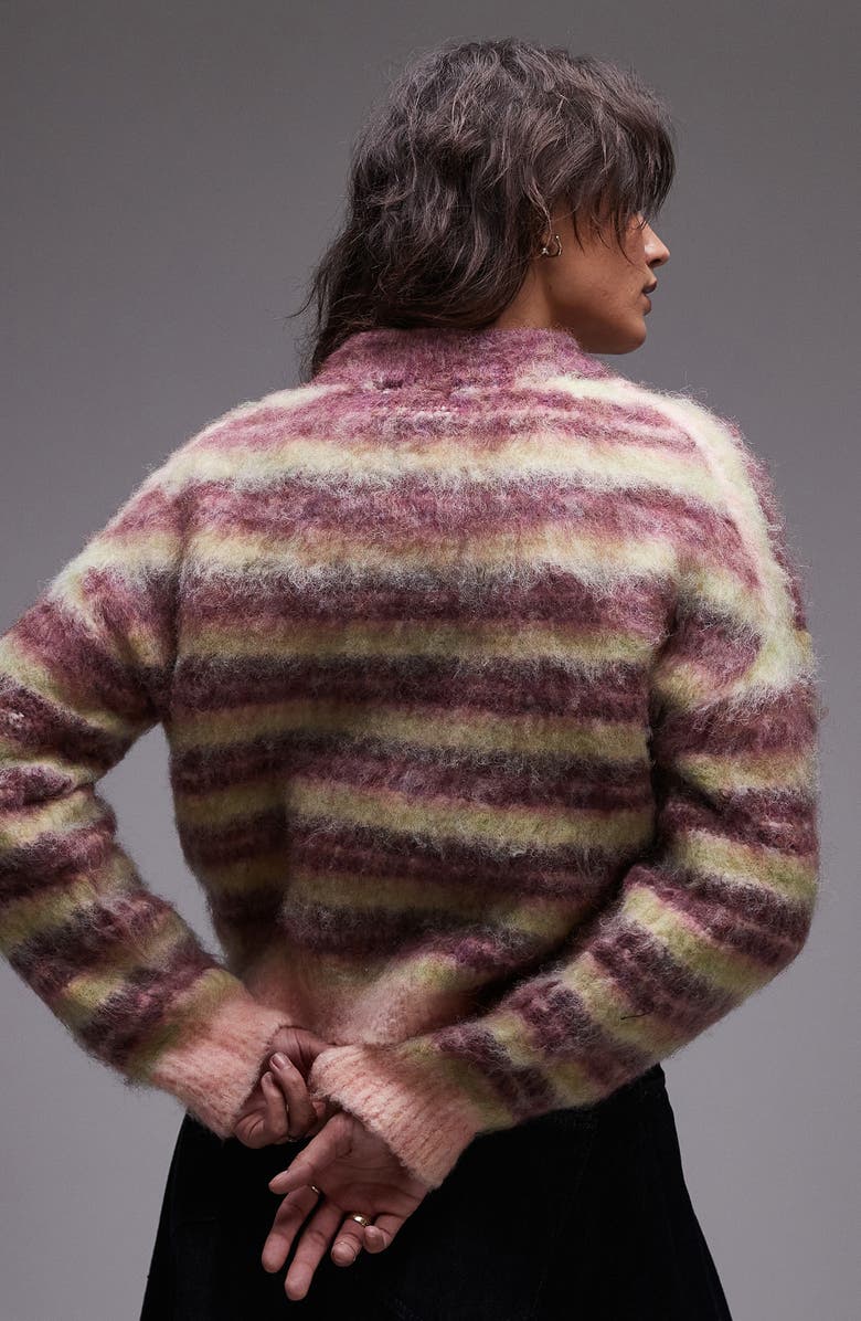 Topshop Stripe Fluffy V-Neck Sweater, Alternate, color, Burgundy Multi