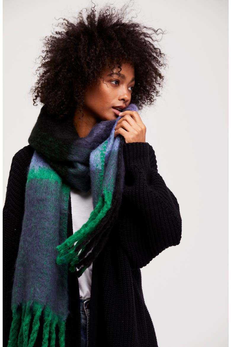 Cameron Plaid Fringe Scarf, Alternate, color, NAVY