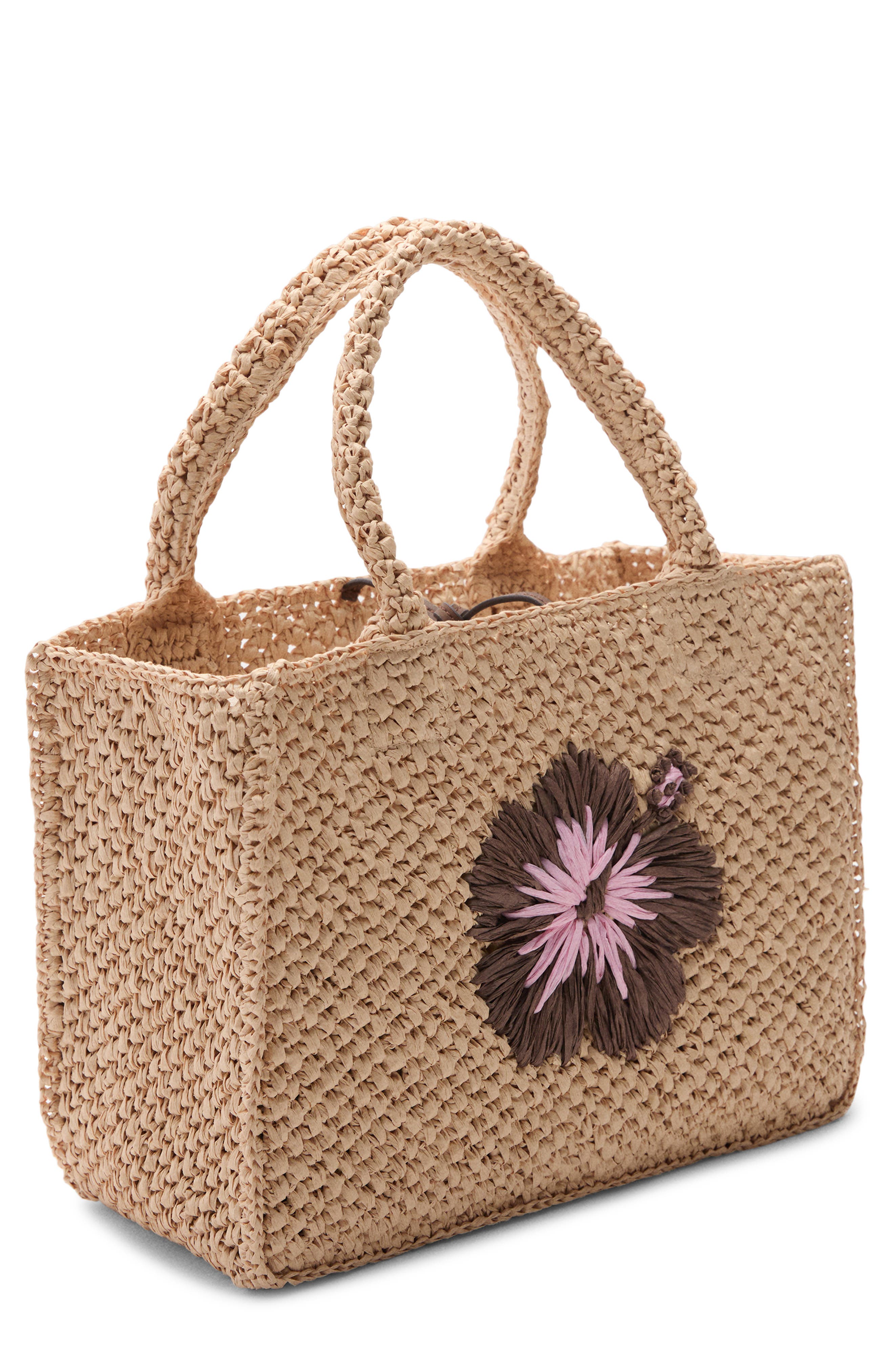 MANGO Flower Detail Raffia Tote, Alternate, color, 