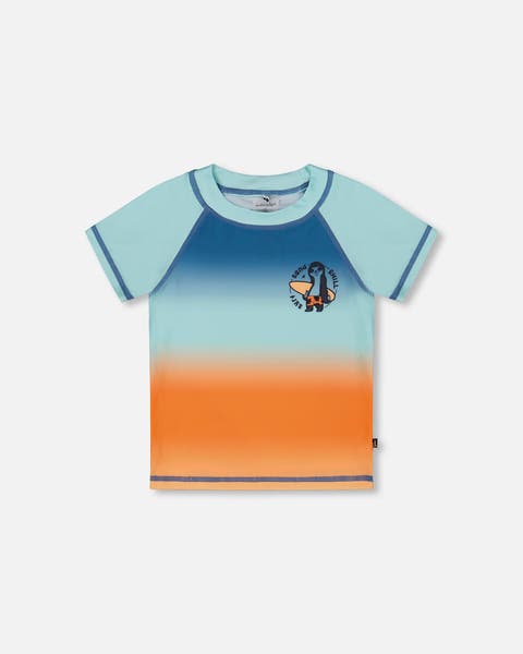 Boy's Short Sleeve Rashguard Navy Blue, Turquoise, And Orange
