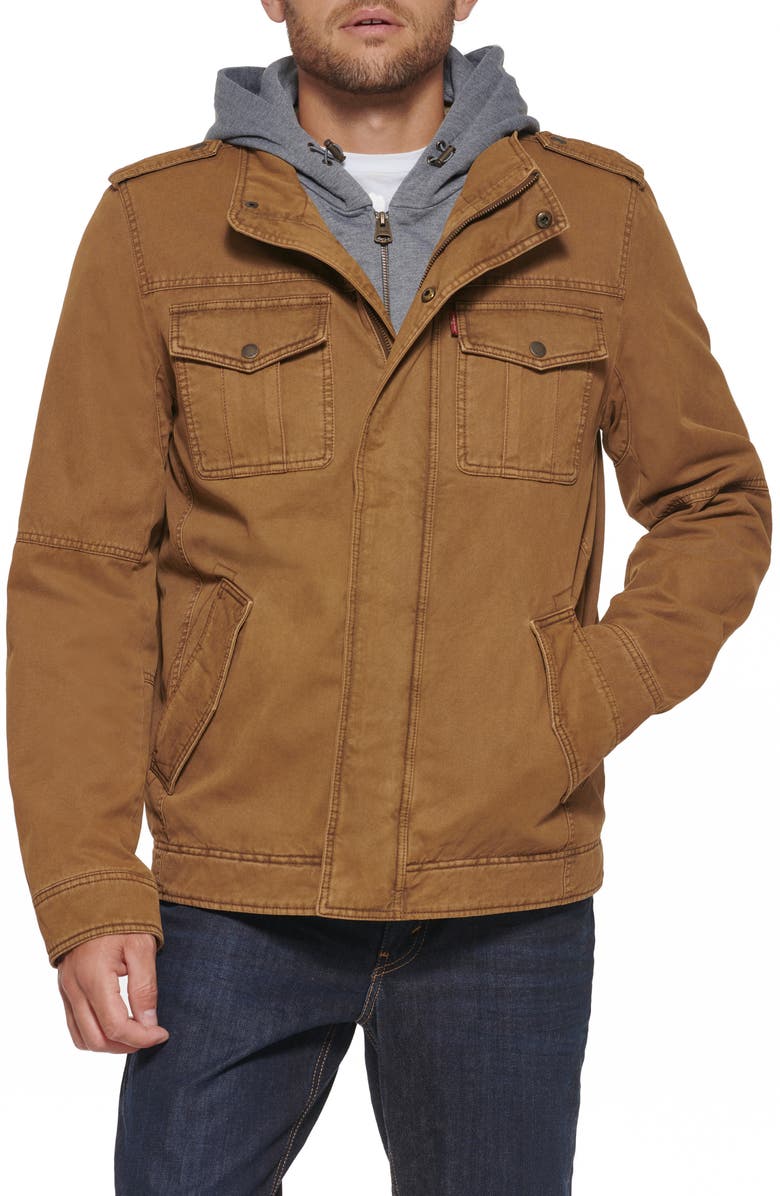 Levi's<sup>®</sup> Washed Cotton Faux Shearling Lined Hooded Military Jacket, Alternate, color, Brown
