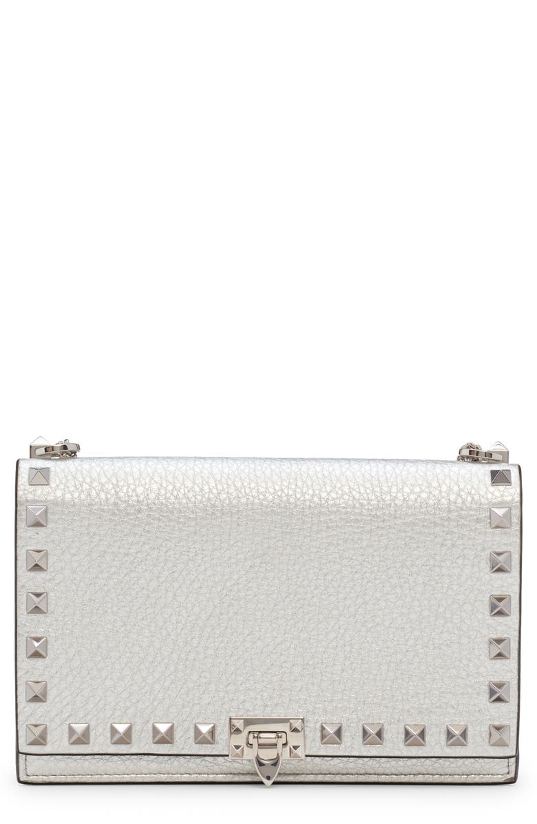 Valentino Garavani Rockstud Leather Pouch Wallet on a Chain, Main, color, 
