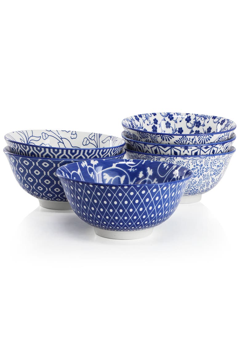 Moxy 6 Piece Assorted Design 20oz Porcelain Footed Bowl Set, Main, color, Blue