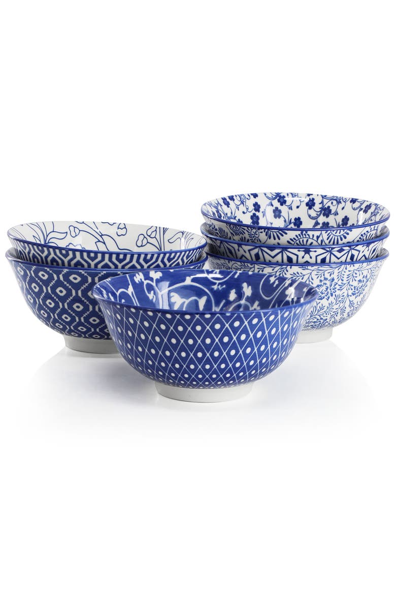 Elama Moxy 6 Piece Assorted Design 20oz Porcelain Footed Bowl Set, Main, color, Blue