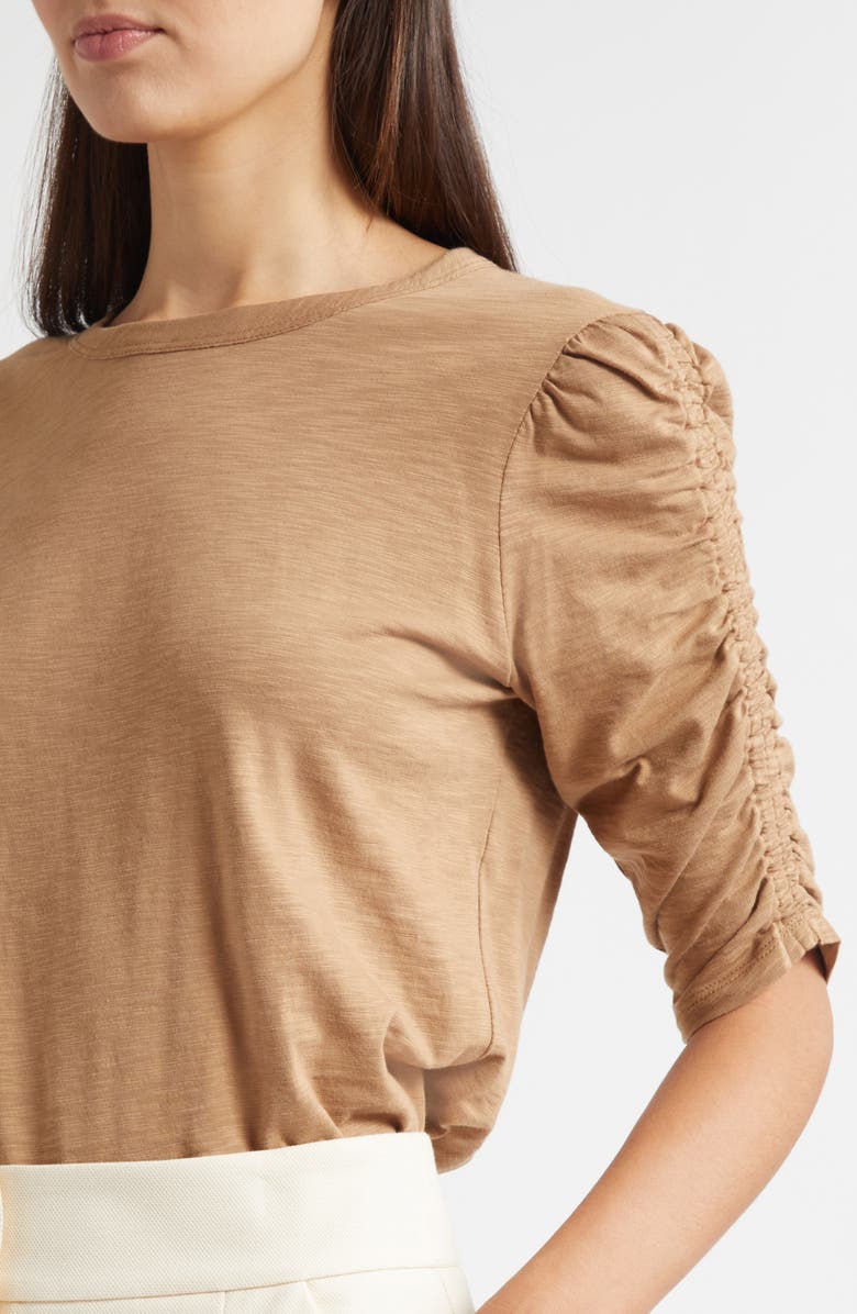 Veronica Beard Waldorf Ruched Sleeve Cotton Slub Top, Alternate, color,