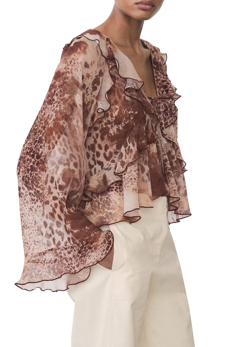 MANGO Print Ruffle Top, Alternate, color, Brown