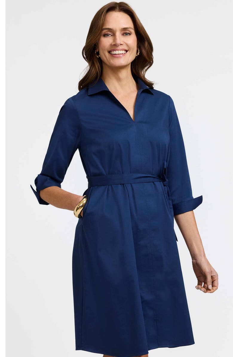 Foxcroft Agnes Belted Cotton Blend Shirtdress, Alternate, color, Navy