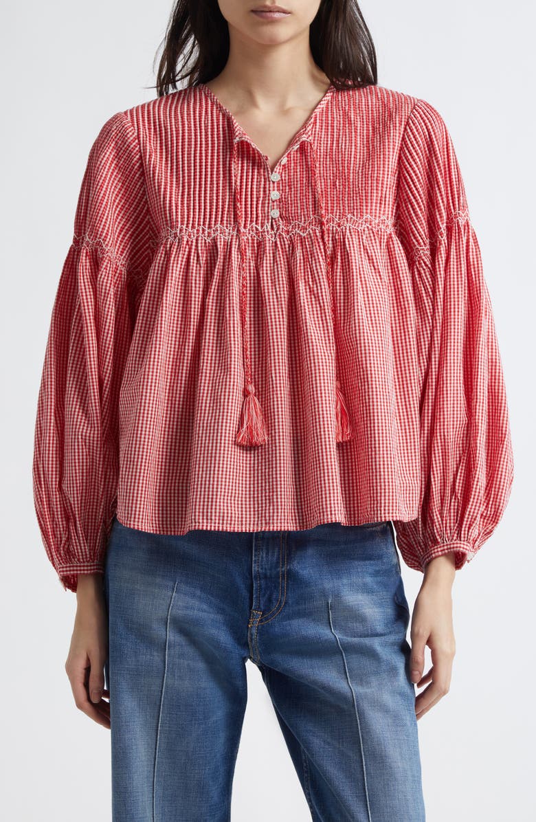 MILLE Vivienne Cototn Gingham Peasant Top, Main, color,